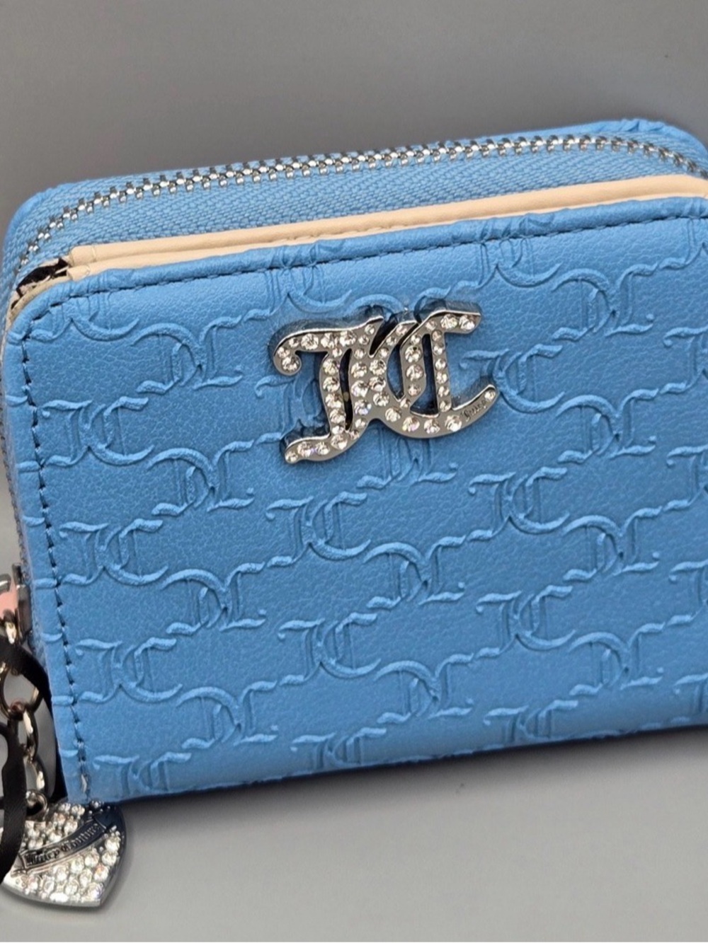 Juicy Couture Blue Embossed Zip Wallet with Rhinestone Logo
